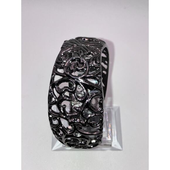 Gunmetal Floral Vine Openwork Clamper Hinged Classic Garden Party 2.75" Bracelet - Picture 3 of 8